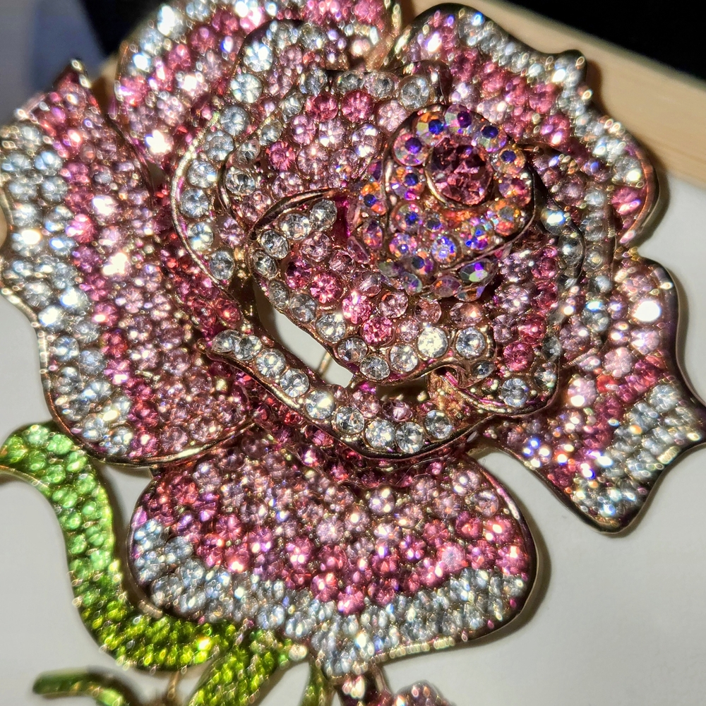 Elegant Pink and Green Crystal Rose Brooch